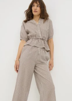 Brown Seersucker Stripe Co Ord Peplum Blouse