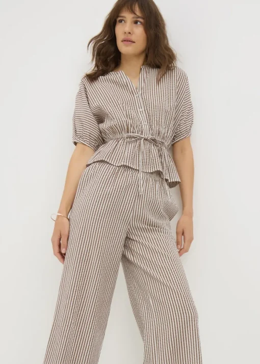 Brown Seersucker Stripe Co Ord Peplum Blouse