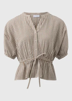 Brown Seersucker Stripe Co Ord Peplum Blouse