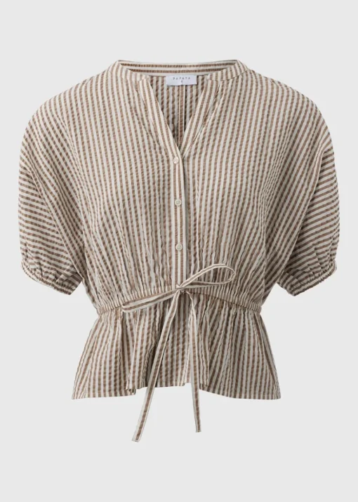 Brown Seersucker Stripe Co Ord Peplum Blouse