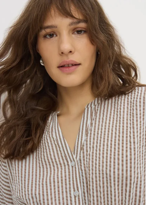 Brown Seersucker Stripe Co Ord Peplum Blouse