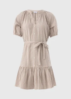 Brown Stripe Mini Puff Sleeve Dress
