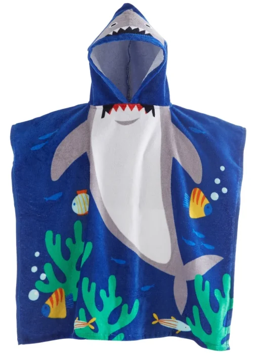 Catherine Lansfield Blue Kids Shark Hooded Towel Poncho