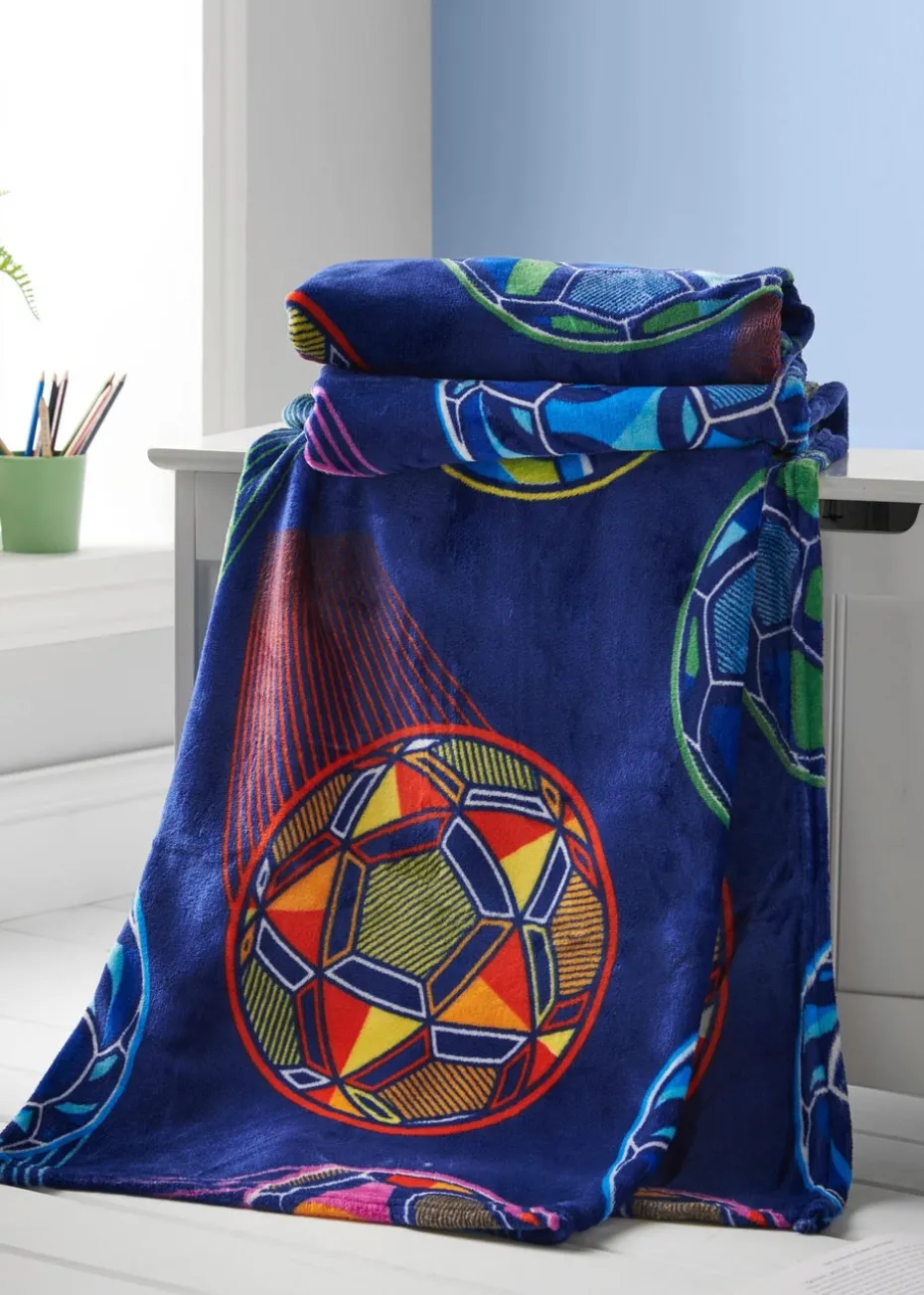 Catherine Lansfield Bright Blue Football Cosy Fleece Blanket Throw