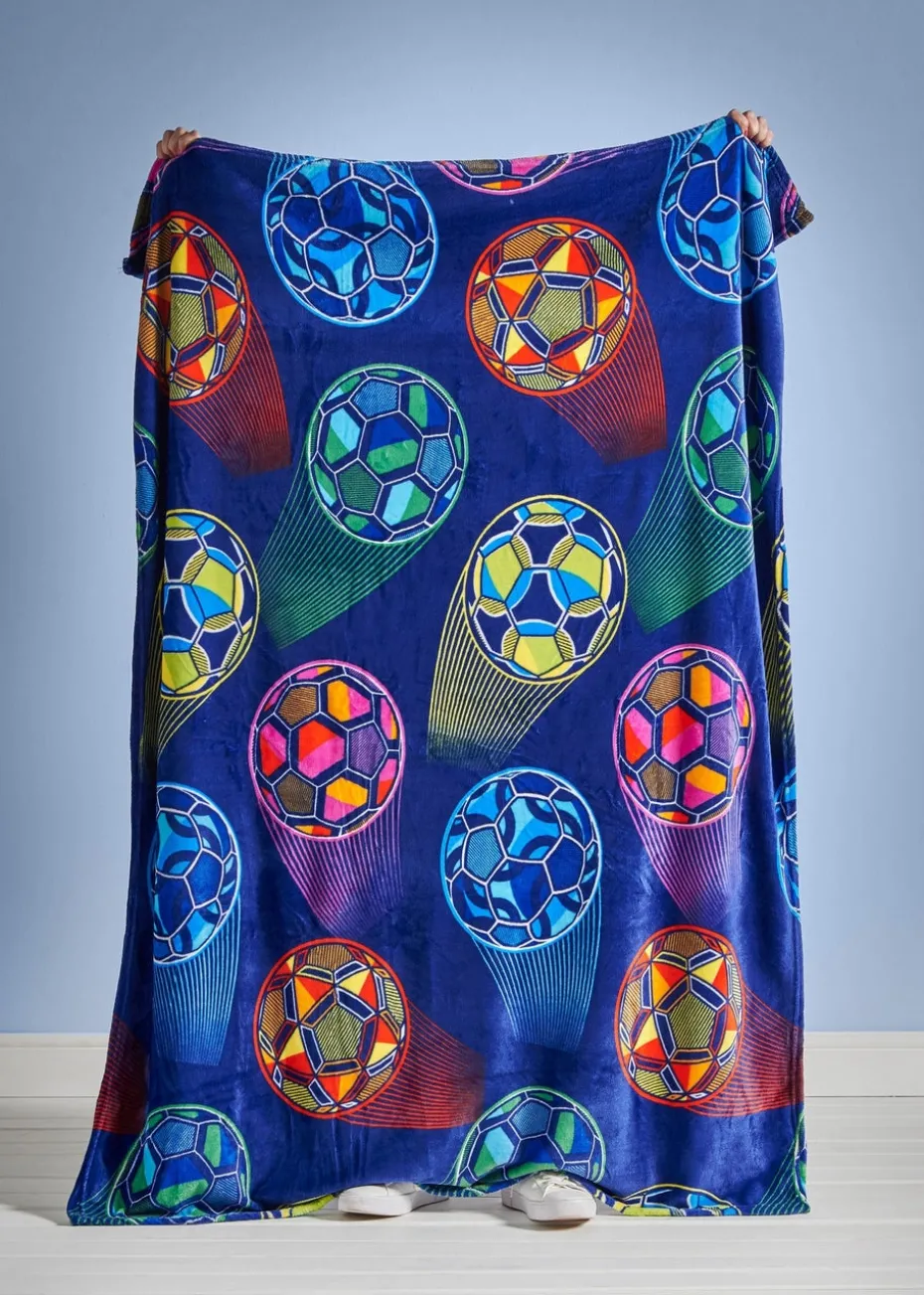 Catherine Lansfield Bright Blue Football Cosy Fleece Blanket Throw