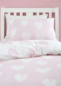 Catherine Lansfield Brushed Cotton Hearts Reversible Pink White Duvet Cover Set
