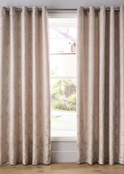 Catherine Lansfield Champagne Gold Damask Jacquard Lined Eyelet Curtains Two Panels