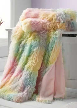 Catherine Lansfield Cuddly Rainbow Deep Pile Faux Fur Blanket Throw