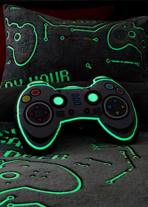 Catherine Lansfield Game Over Glow in the Dark Grey Fleece 3D Shaped Cushion
