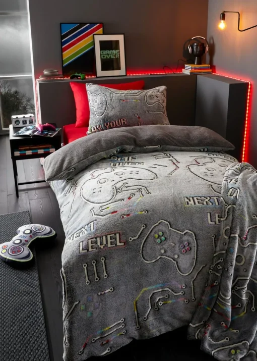Catherine Lansfield Game Over Glow in the Dark Grey Fleece 3D Shaped Cushion