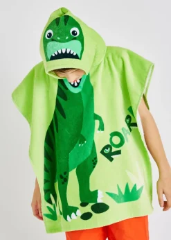 Catherine Lansfield Green Kids Dinosaur Hooded Towel Poncho