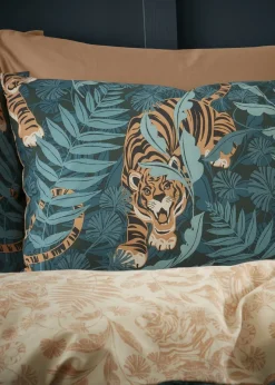 Catherine Lansfield Green Tropic Tiger Leaf Reversible Duvet Cover Set with Pillowcases