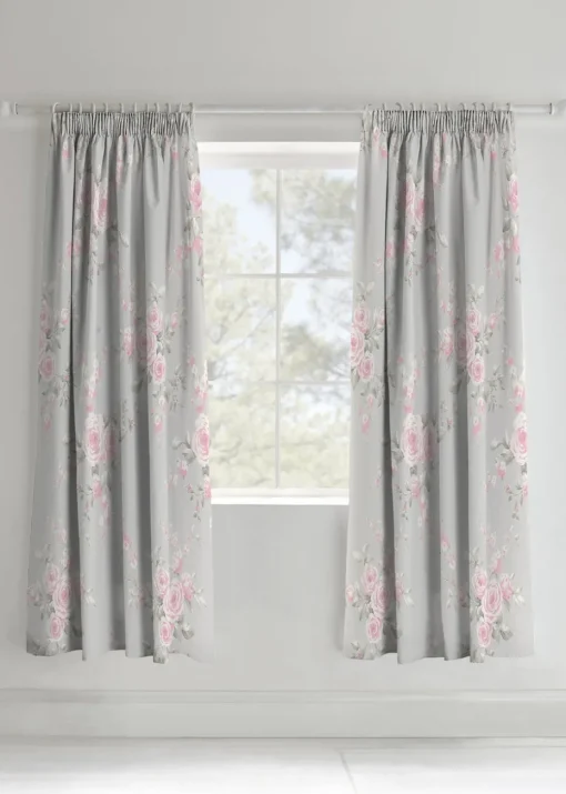 Catherine Lansfield Grey Canterbury Floral Lined Pencil Pleat Curtains Two Panels
