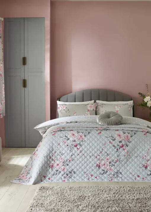 Catherine Lansfield Grey Canterbury Floral Reversible Quilted Bedspread