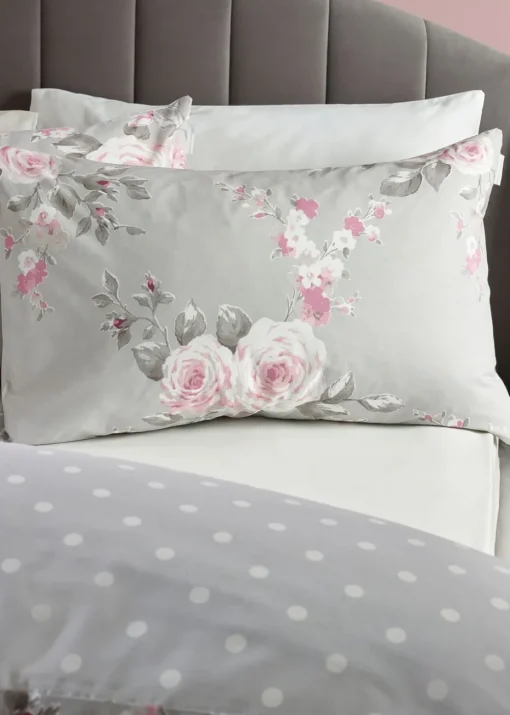 Catherine Lansfield Grey Canterbury Floral Reversible Duvet Cover Set with Pillowcases
