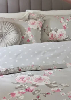 Catherine Lansfield Grey Canterbury Floral Reversible Duvet Cover Set with Pillowcases