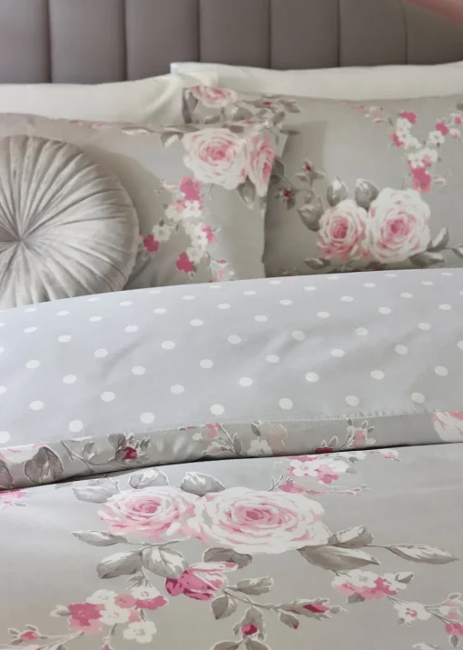 Catherine Lansfield Grey Canterbury Floral Reversible Duvet Cover Set with Pillowcases
