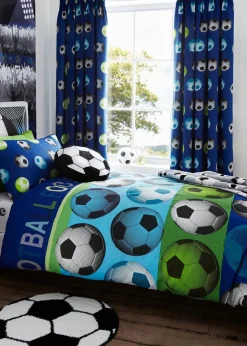 Catherine Lansfield Kids Football Lined Pencil Pleat Blue Curtains
