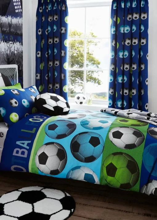 Catherine Lansfield Kids Football Lined Pencil Pleat Blue Curtains