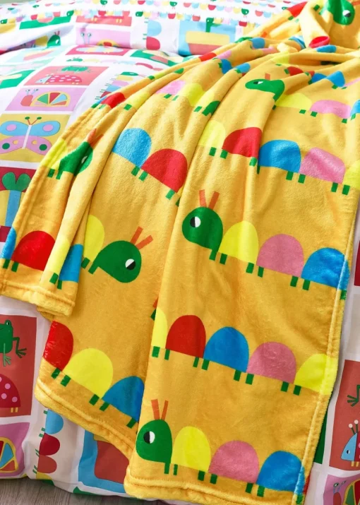 Catherine Lansfield Kids Curious Caterpillar Cosy Fleece Yellow Blanket Throw