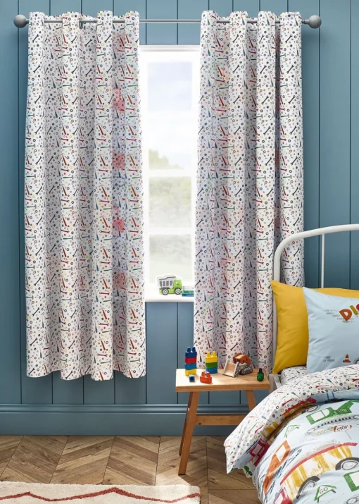 Catherine Lansfield Kids Blue Digger Dreams Fully Reversible Eyelet Curtains