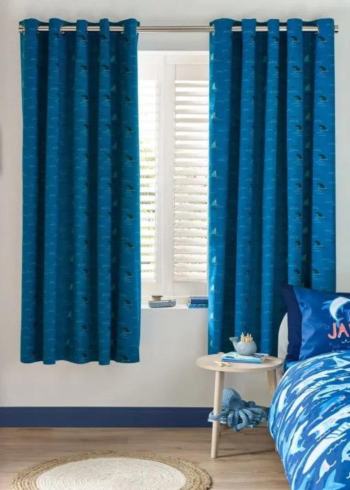 Catherine Lansfield Kids Blue Jawsome Shark Fully Reversible Eyelet Curtains