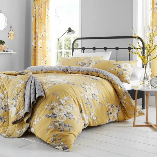 Catherine Lansfield Ochre Yellow Canterbury Floral Lined Eyelet Curtains Two Panels