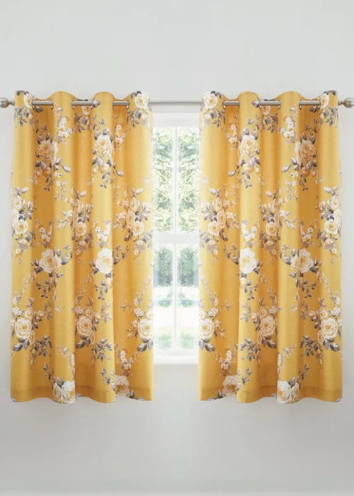 Catherine Lansfield Ochre Yellow Canterbury Floral Lined Eyelet Curtains Two Panels