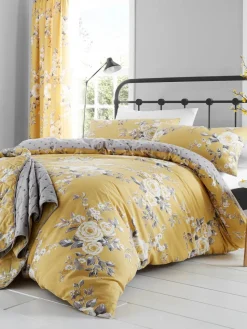 Catherine Lansfield Ochre Yellow Canterbury Floral Reversible Duvet Cover Set with Pillowcases