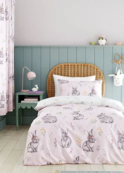 Catherine Lansfield Pink Bunny Tails Ditsy Flowers Reversible Duvet Cover Set