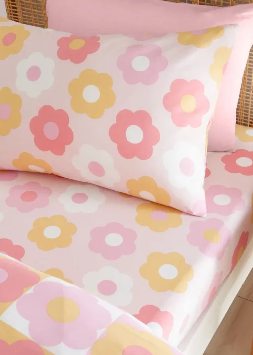 Catherine Lansfield Retro Daisy Pink Yellow Fitted Sheet
