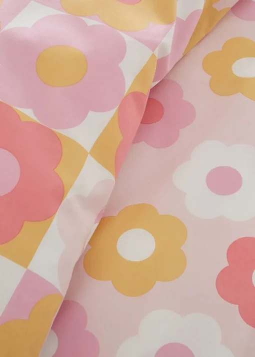 Catherine Lansfield Retro Daisy Reversible Pink Yellow Duvet Cover Set