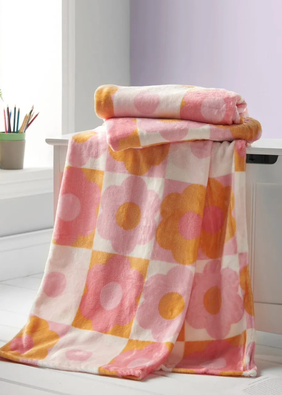 Catherine Lansfield Retro Daisy Cosy Fleece Pink Yellow Blanket Throw