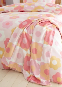 Catherine Lansfield Retro Daisy Cosy Fleece Pink Yellow Blanket Throw