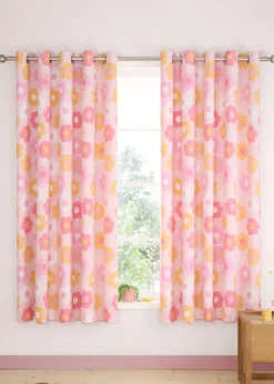 Catherine Lansfield Retro Daisy Fully Reversible Pink Yellow Eyelet Curtains
