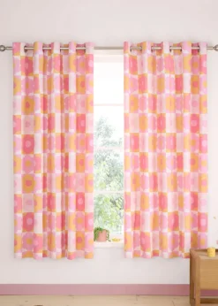 Catherine Lansfield Retro Daisy Fully Reversible Pink Yellow Eyelet Curtains