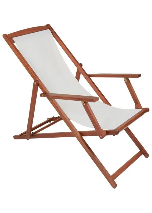 Charles Bentley Folding FSC Eucalyptus Wooden Deck Chair Beach Sun Lounger Cream