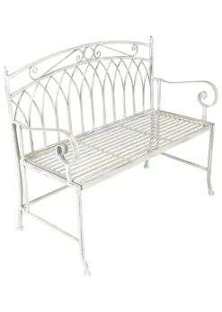 Charles Bentley Wrought Iron Feminine Bench Antique White (H89cm x L104.5cm x W54cm)