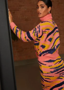 Chi Chi London Abstract Stripe Roll Neck Jumper