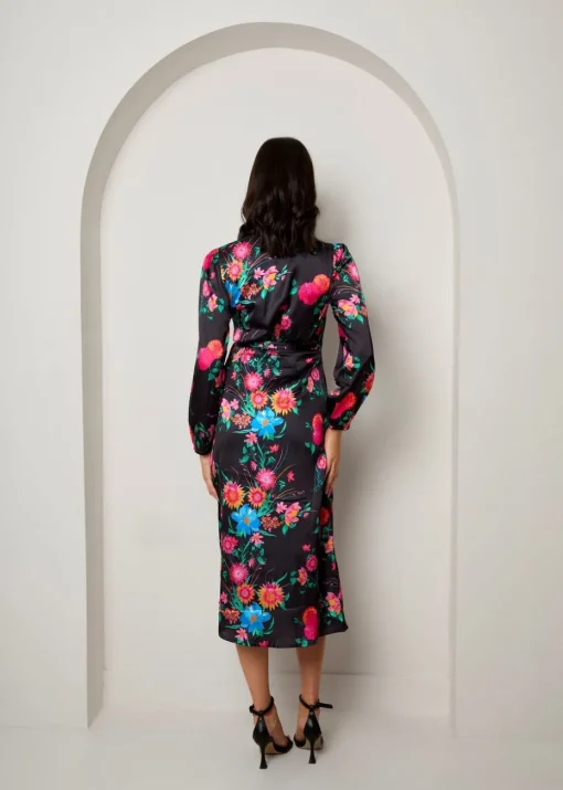 Chi Chi London Black Long Sleeve Floral Wrap Dress