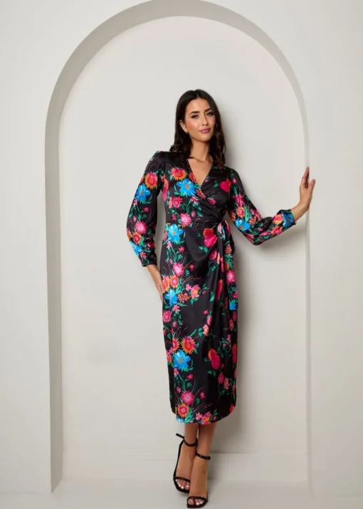 Chi Chi London Black Long Sleeve Floral Wrap Dress