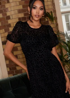 Chi Chi London Black Short Sleeve Sheer Detail Dobby Midi Dress