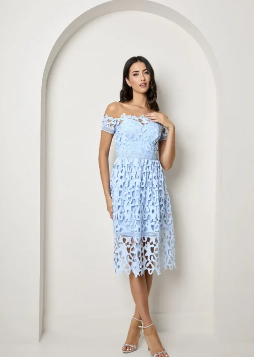 Chi Chi London Blue Bardot Lace Midi Crochet Dress