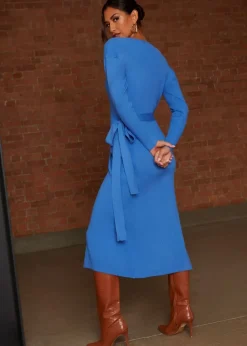 Chi Chi London Blue Knitted Wrap Midi Dress