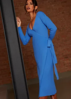 Chi Chi London Blue Knitted Wrap Midi Dress