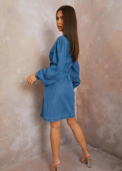Chi Chi London Blue Long Sleeve Denim Shirt Dress
