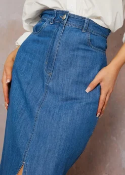 Chi Chi London Blue Split Hem Demin Maxi Skirt