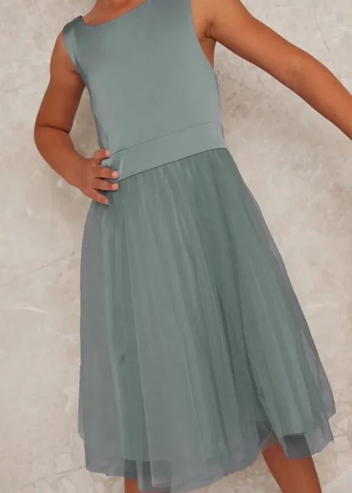Chi Chi London Green Girls Satin Bodice Tulle Skirt Dress (3-12 Years)