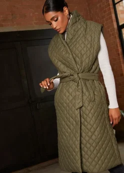 Chi Chi London Khaki Diamond Quilted Longline Belted Gilet