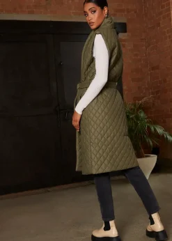 Chi Chi London Khaki Diamond Quilted Longline Belted Gilet